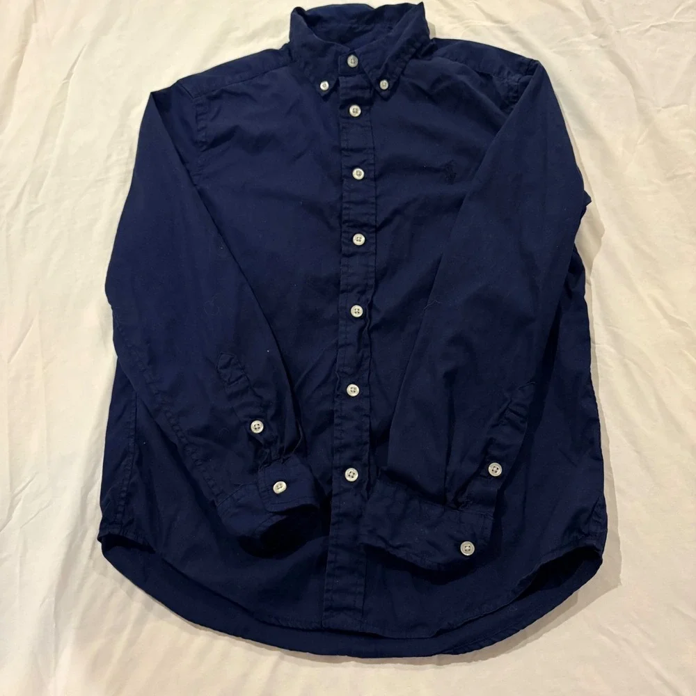 Ralph Lauren Boys‎ Navy Blue Cotton Button Down Shirt Size M 10-12 Long Sleeve